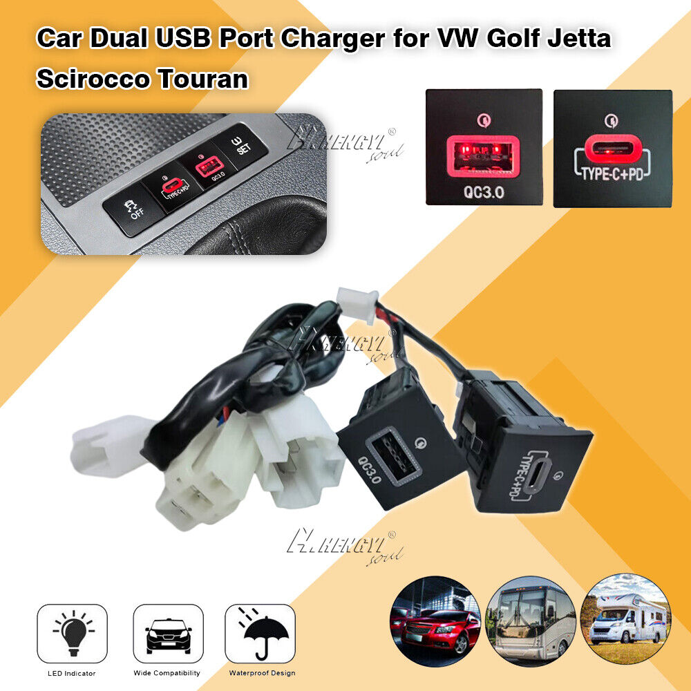 LED QC3.0 USB Port Hub Charger+PD For Golf / GTI / R-Line 2006-2013 MK5 MK6