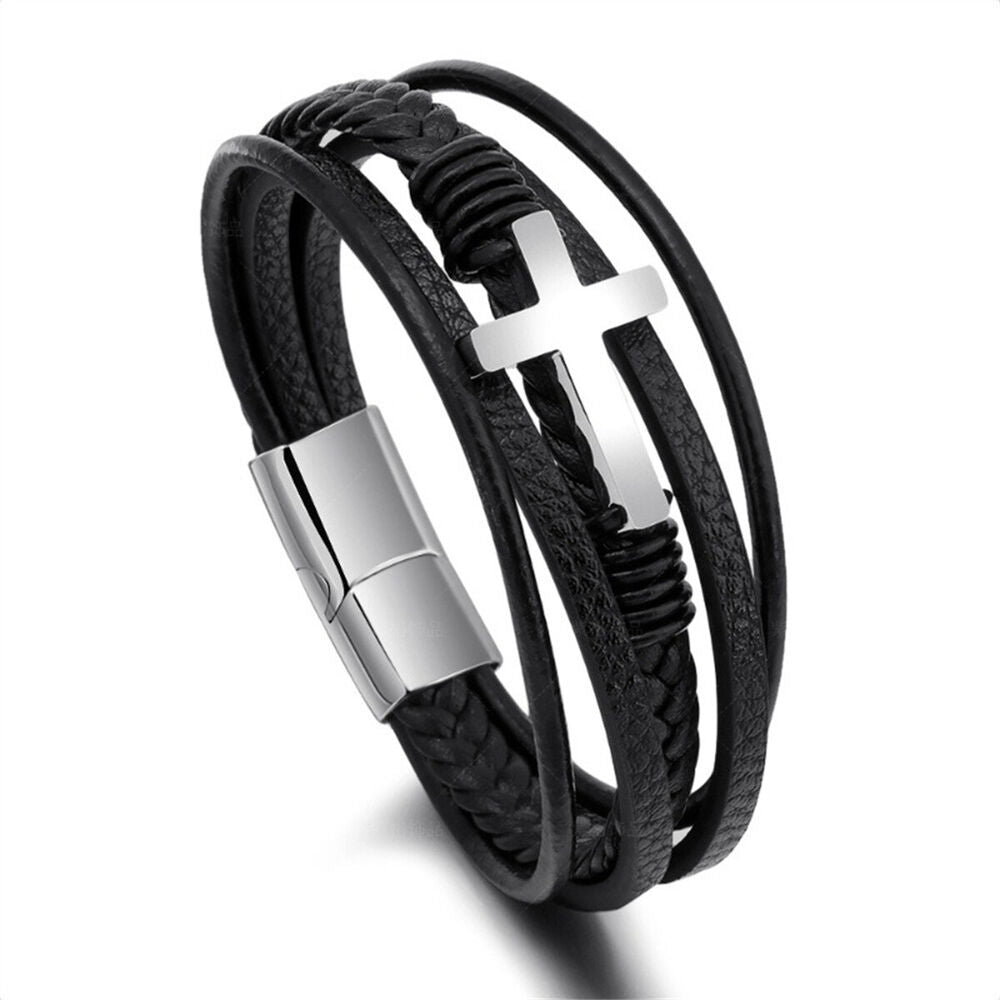 Men's Black Leather Titanium Steel Cross Multi Stripe Bracelet Bangle Wristband