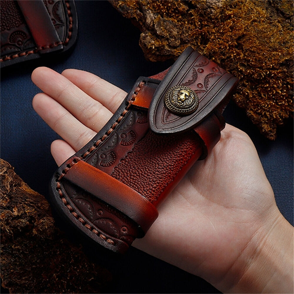 Hand Made Carved Cow Leather Sheath For Folding Knife Cover Pouch Belt Clip