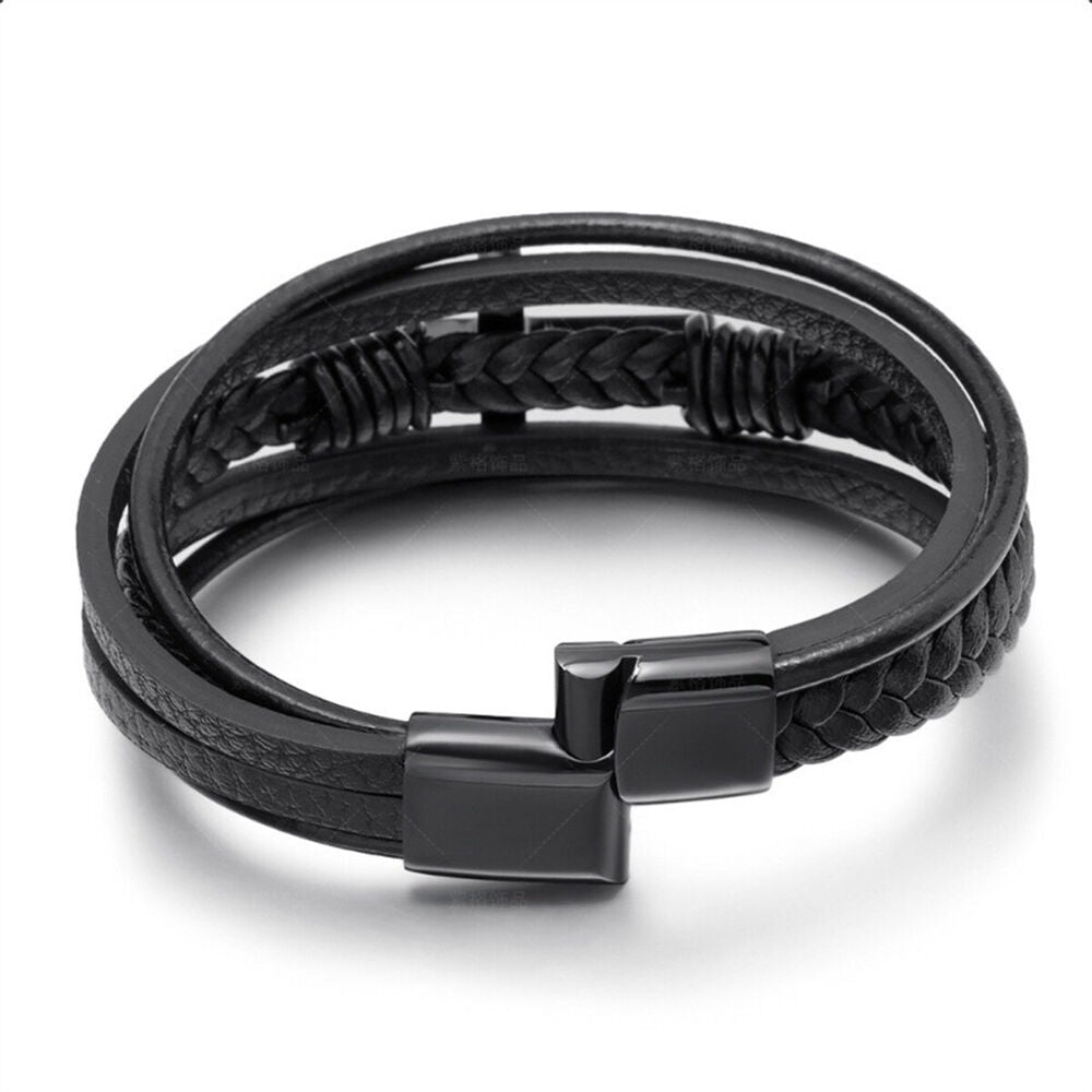 Men's Black Leather Titanium Steel Cross Multi Stripe Bracelet Bangle Wristband