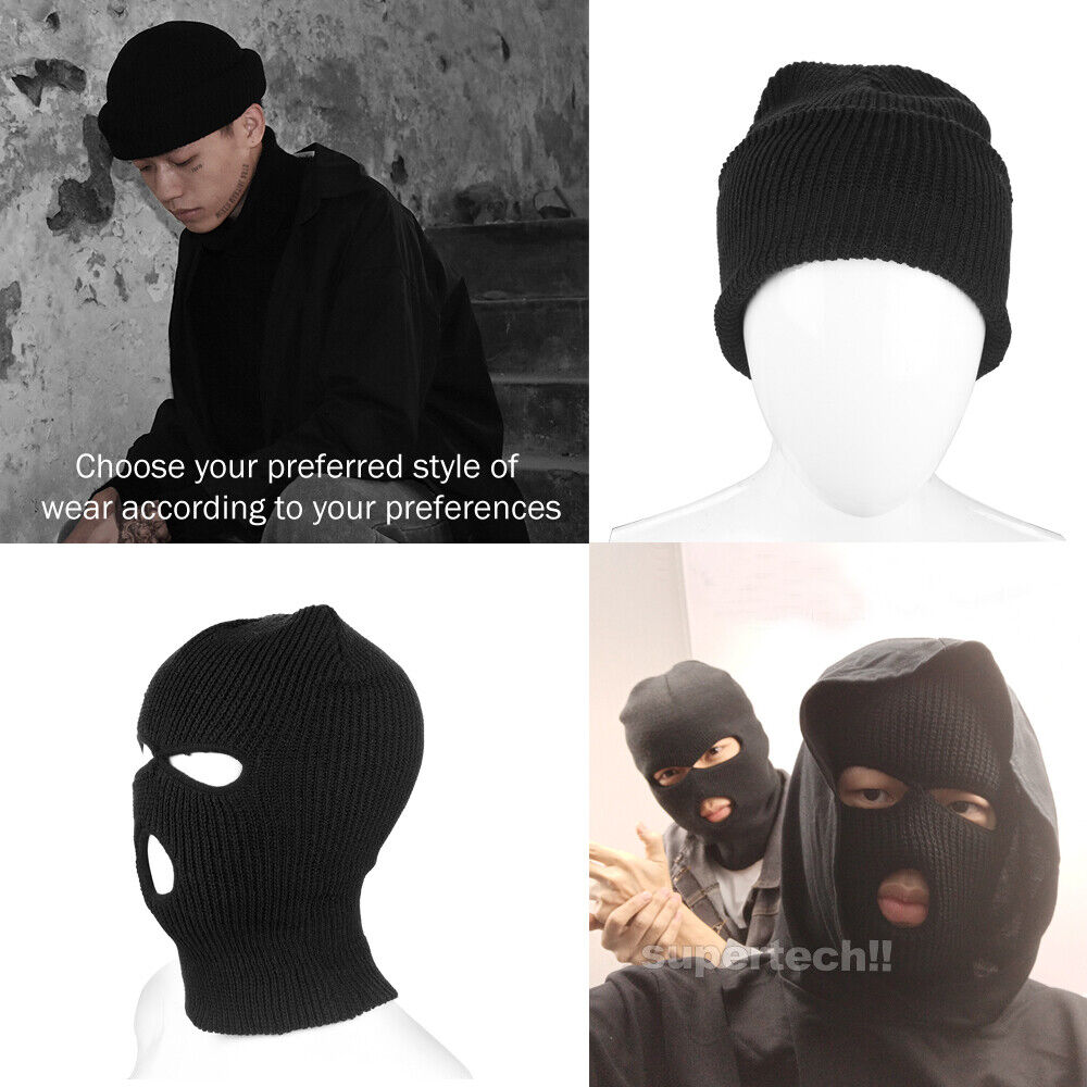 3 Holes Black Balaclava Ski Mask SAS Style Windproof Mask Neck Warmer Beanie Cap