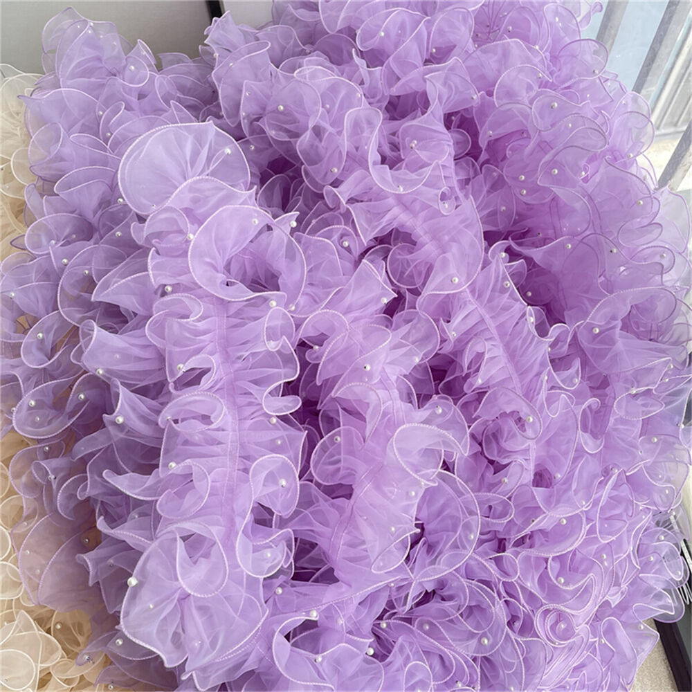 1 Yard Organza Pleats Ruffle Lace Trim Pearl Beaded Ribbon Fabric Sewing Wedding