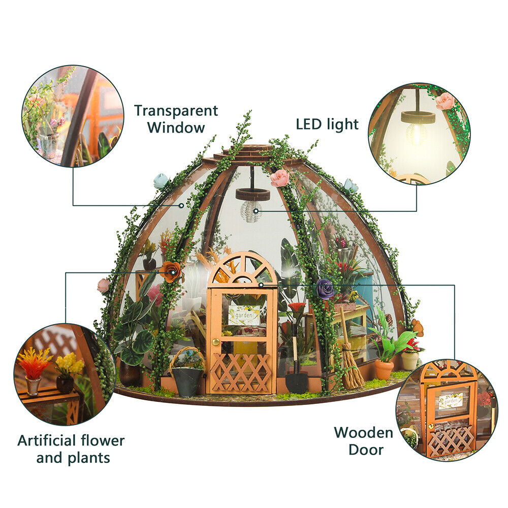 Wooden Mini Starry Flower Green House DIY Miniature Dollhouse Kit with LED Light