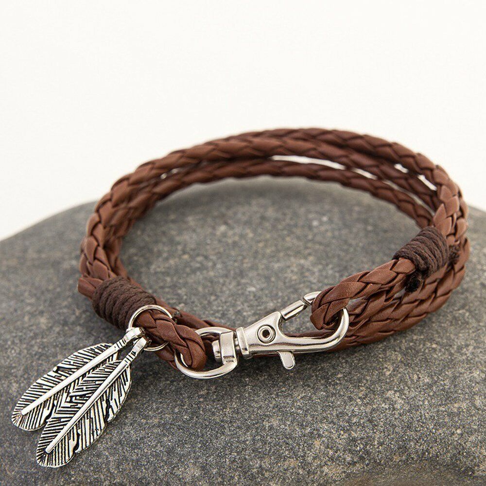 Mens Womens Surfer Patrol Leather Bracelet Feather Clasp Cord Wristband Gift Y1