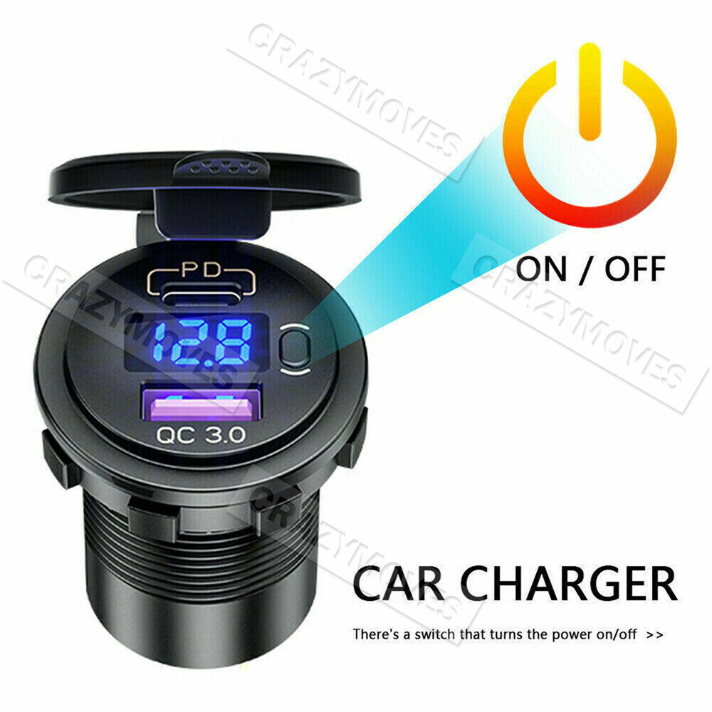 PD Type C USB Car Charger and QC 3.0 Charger 12V Power Outlet Socket ON/Off