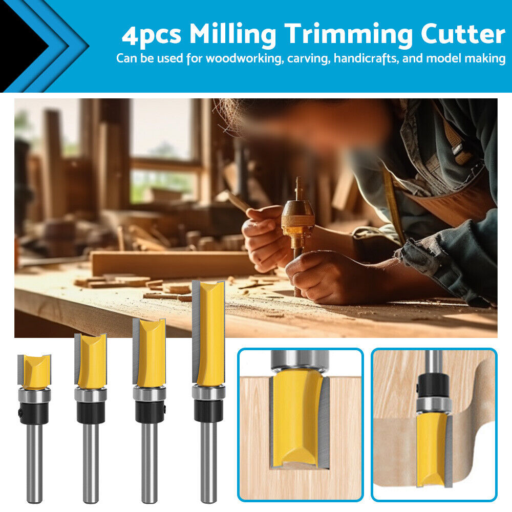 4pcs Milling Cutter Kit 1/4 Shank Top Bearing Flush Trim Pattern Router Bit Set