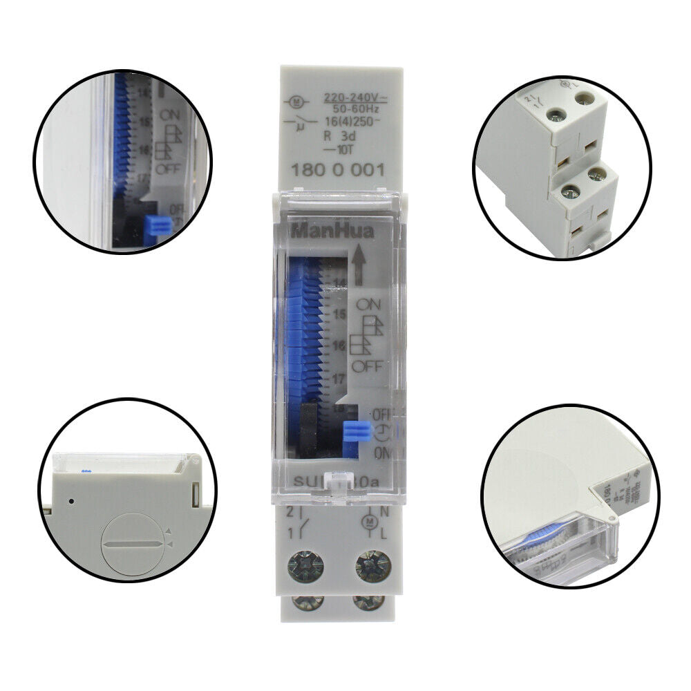 New 24 Hours Mechanical Programmable Din Rail Timer Switch Relay 220V AC 16A