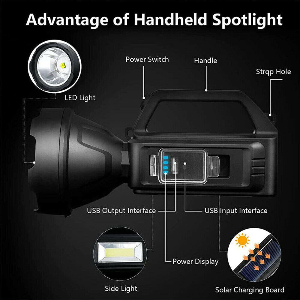 Solar LED Searchlight USB Rechargeable Spotlight Flashlight Torch Strobe Lights