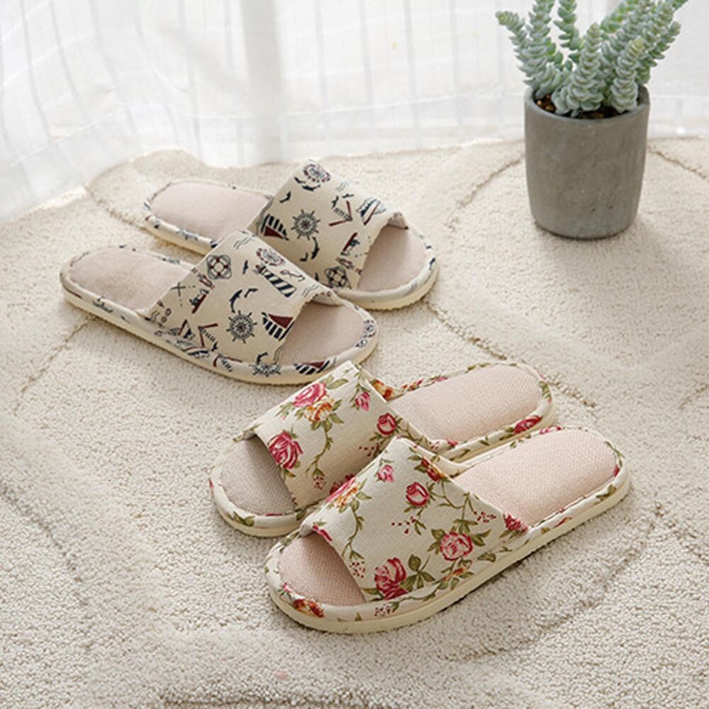 Women Men Indoor Slippers Anti-slip Linen Summer Open Toe Home Flat Slippers