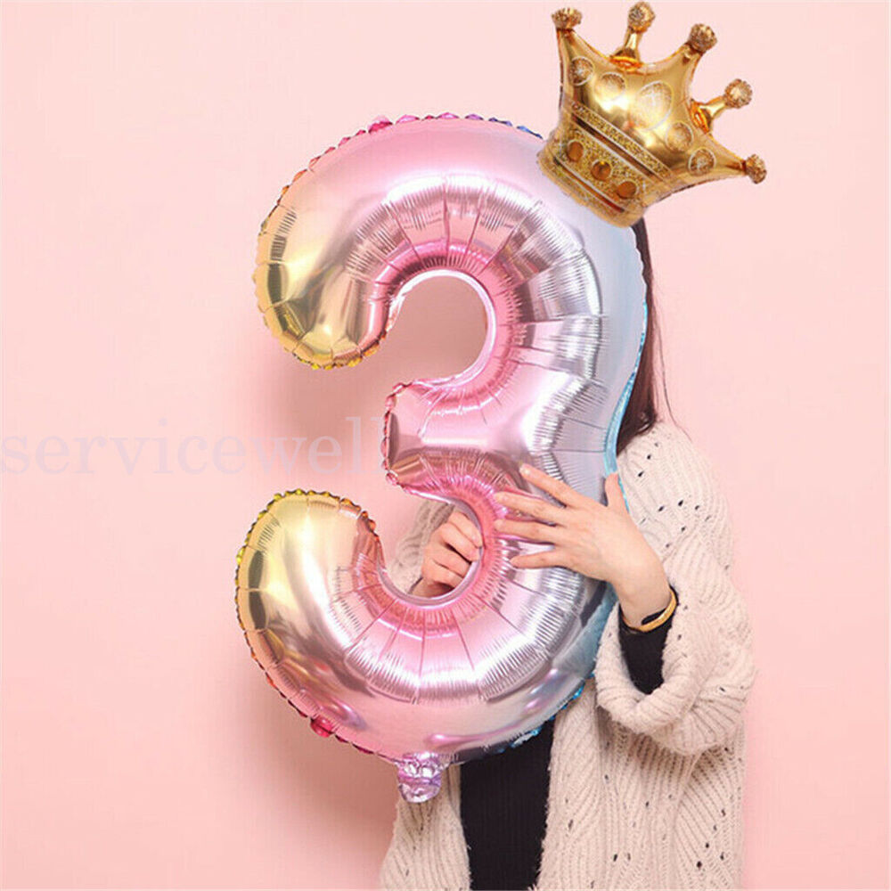 32" Rainbow Number Foil Balloon with Gold Crown Birthday Party Wedding New Year