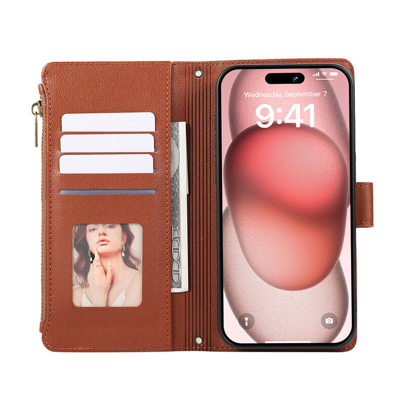 Zipper Wallet Flip Cover Case For iPhone 15 14 13 12 11 Pro XR XS Max 6 7 8 Plus