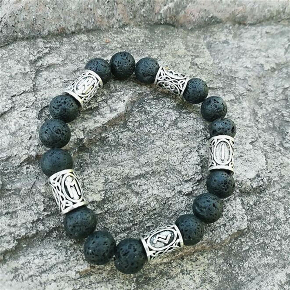 Norse Viking Rune Spacer Charm Lava Stone Beads Bracelet Men Women Cuff Jewelry