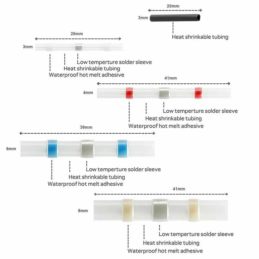 520PCS Waterproof Solder Seal Sleeve Heat Shrink Butt Wire Connectors Terminals
