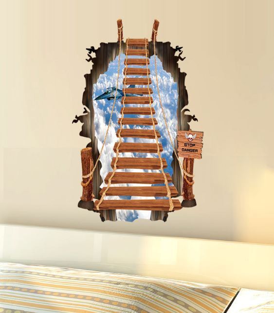 3D Wall Stickers Removable Ladder Staircase Smashed Through Mural Decor Home