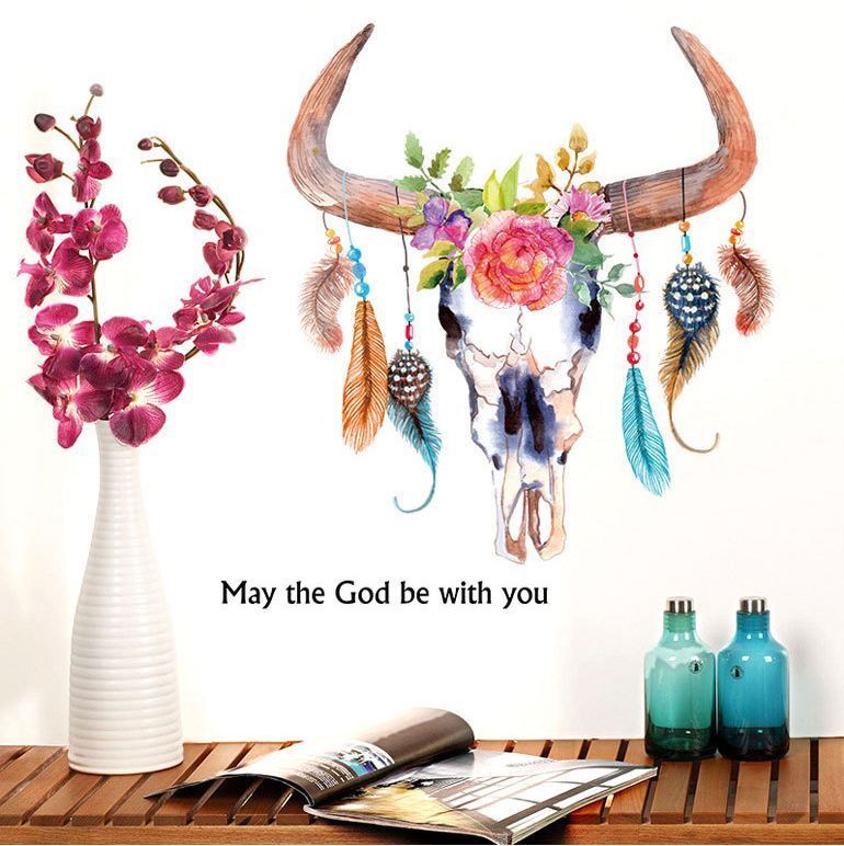 Wall Stickers Removable Cow Ox Horn Head Feather Living Room Decal Art Decor Kid