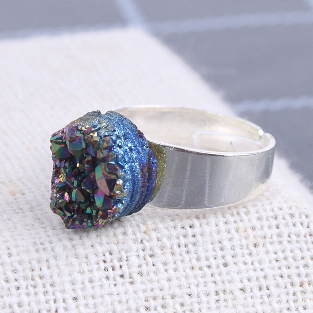 Rainbow Titanium Crystal Agate Druzy Quartz Geode Ring Adjustable Jewelry