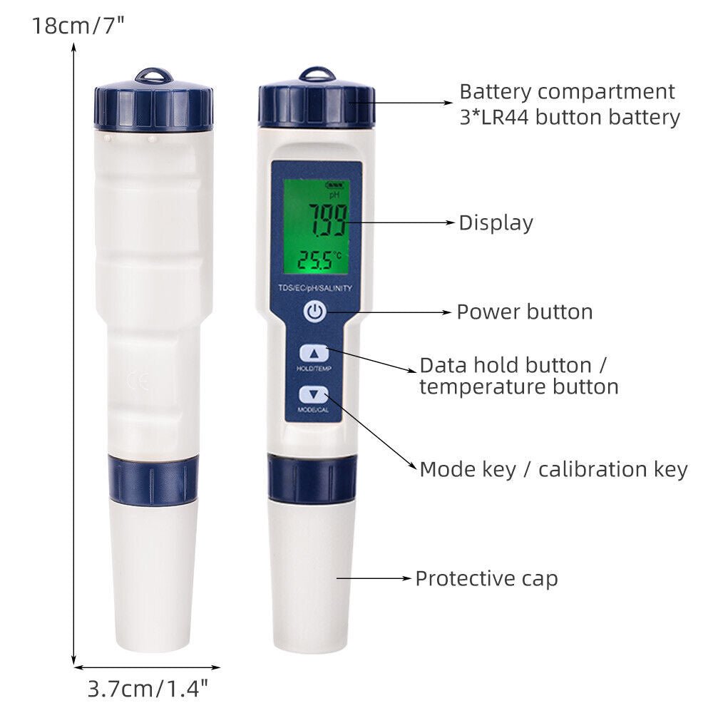 5 in 1 Digital Water Quality PH Tester Pen TDS EC Temperature Test Pool Water