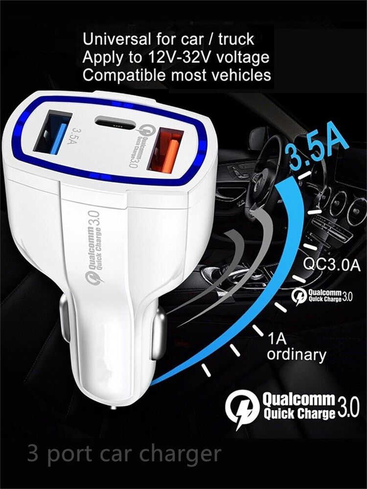 3 Port USB PD Quick Fast Car Charger QC3.0 Adapter Cigarette Lighter Socket