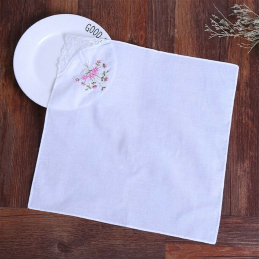 Vintage Cotton Ladies Lace Embroidered Handkerchief Women Floral Hanky 28x28cm