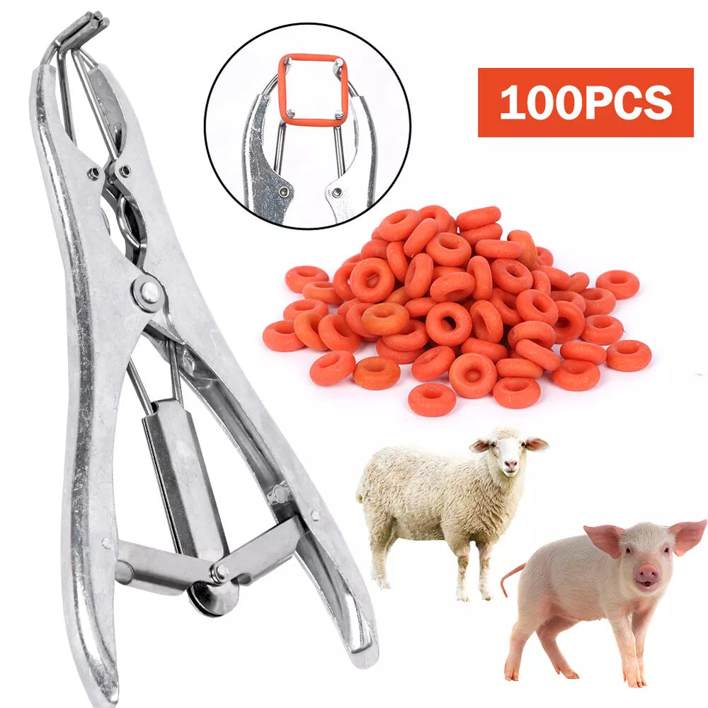 Marking Rings Applicator Plier & 100 Rubber Rings Castration Tail Banding Sheep