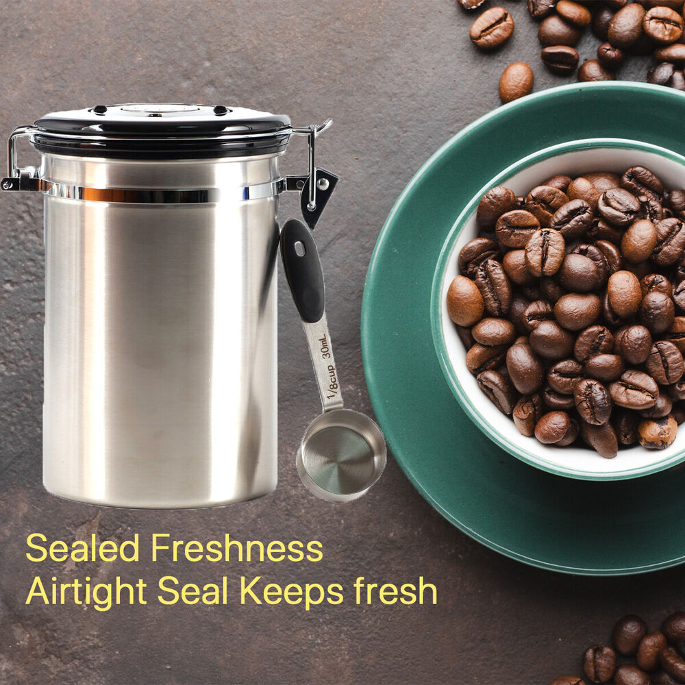 1.8L Coffee Canister Airtight Stainless Steel with Co2 Valve Date Tracker Spoon