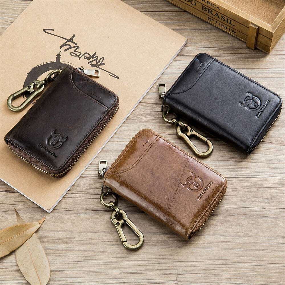 Genuine Leather Key Case RFID Blocking Card Holder Coin Purse Keychain Wallet