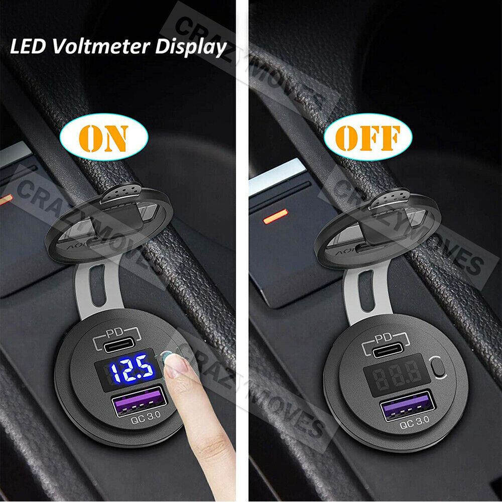 PD Type C USB Car Charger and QC 3.0 Charger 12V Power Outlet Socket ON/Off