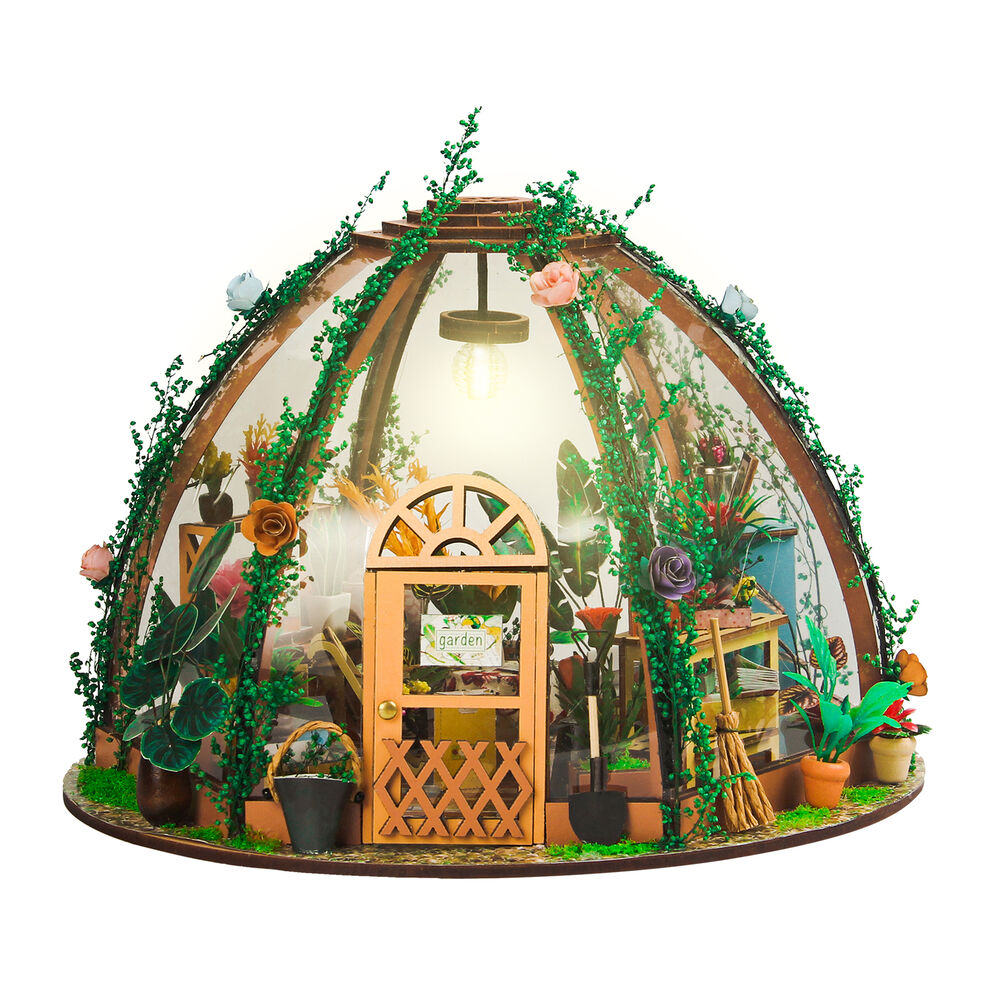 Wooden Mini Starry Flower Green House DIY Miniature Dollhouse Kit with LED Light