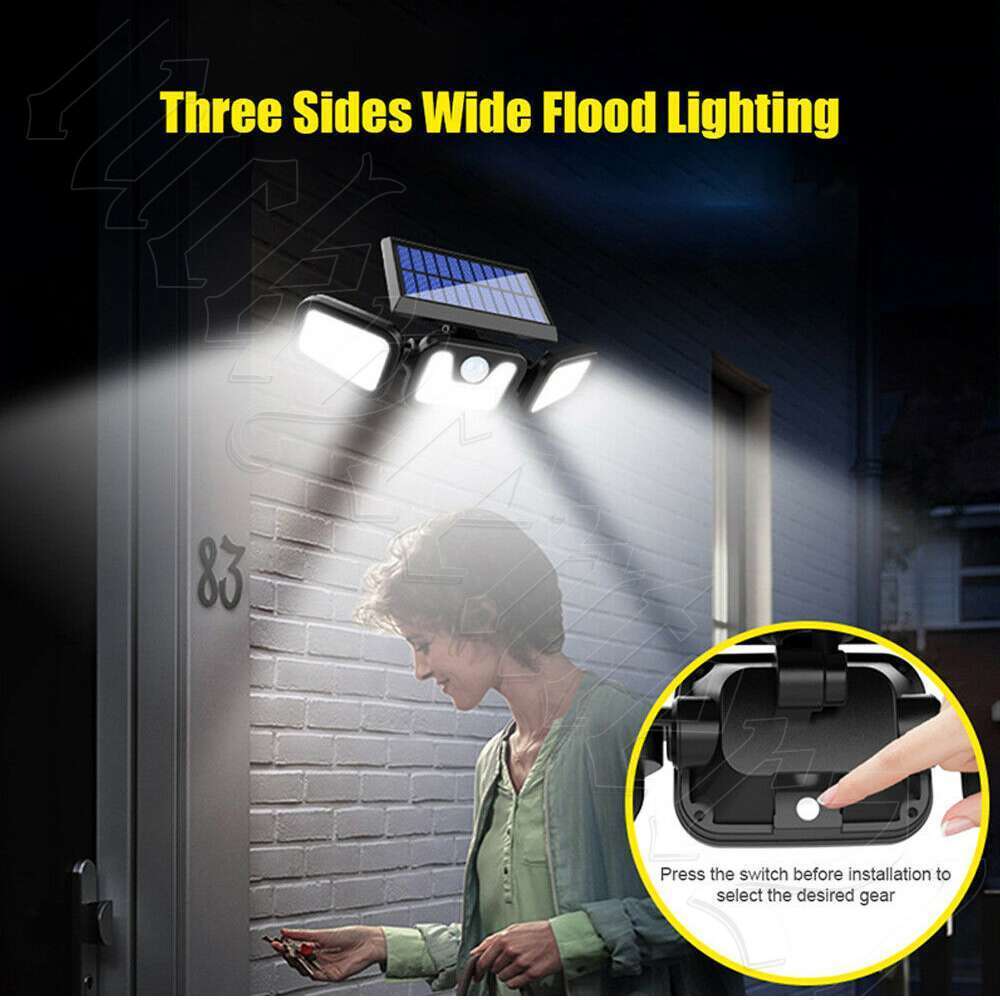 3 Head Solar Motion Sensor Light Outdoor Garden Wall Security Flood Lamp 74LEDs