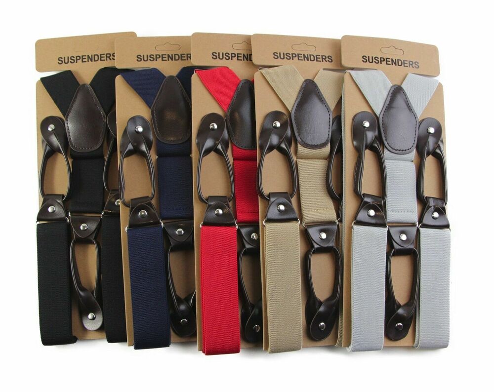 Mens 6 Button Hole Suspenders Wide Leather Braces 3.5cm Black Navy Grey Red