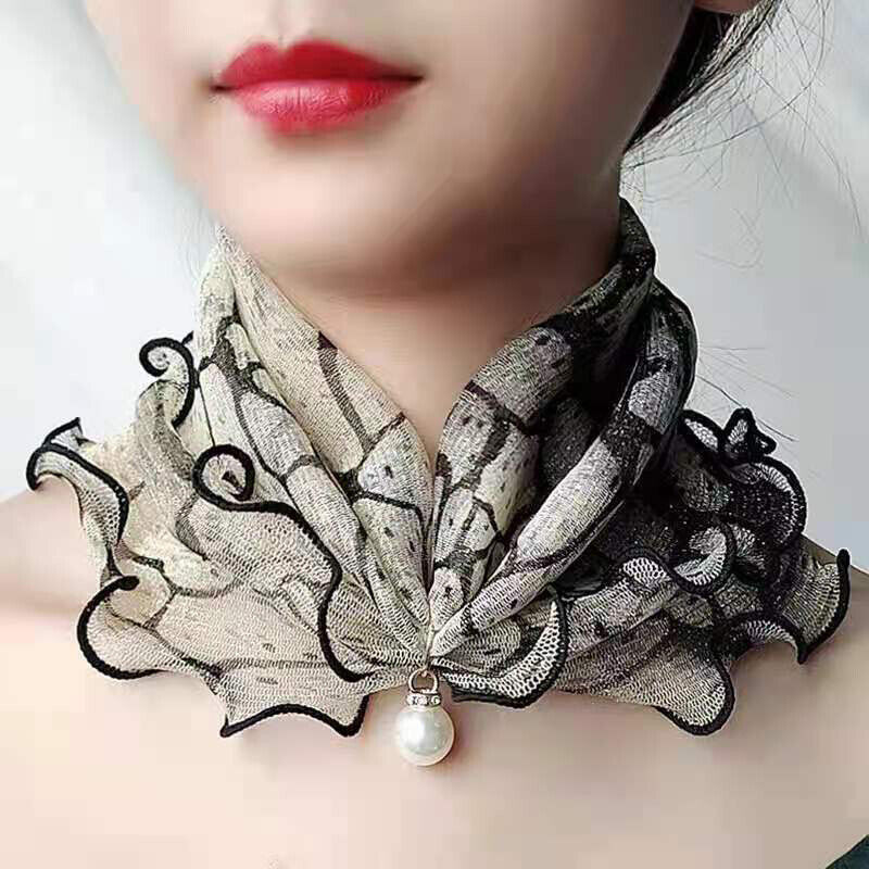 Women Lady Scarf Sun Protection Neck Bandana Fashion Pearl Chiffon Lace Headband