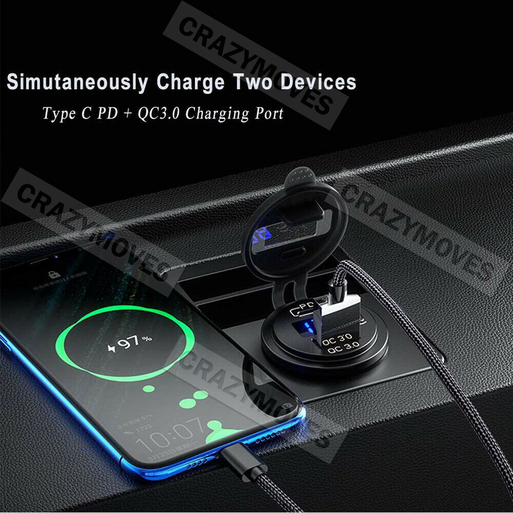 PD Type C USB Car Charger and QC 3.0 Charger 12V Power Outlet Socket ON/Off