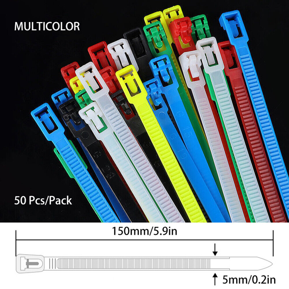 50PCS Reusable Cable Zip Ties Plastic Releasable Fixed Binding Bulk Cable Tie