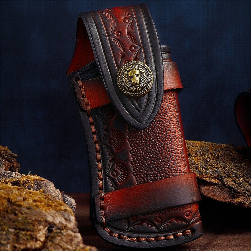 Hand Made Carved Cow Leather Sheath For Folding Knife Cover Pouch Belt Clip