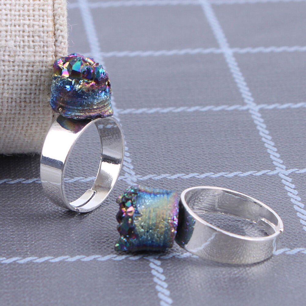 Rainbow Titanium Crystal Agate Druzy Quartz Geode Ring Adjustable Jewelry