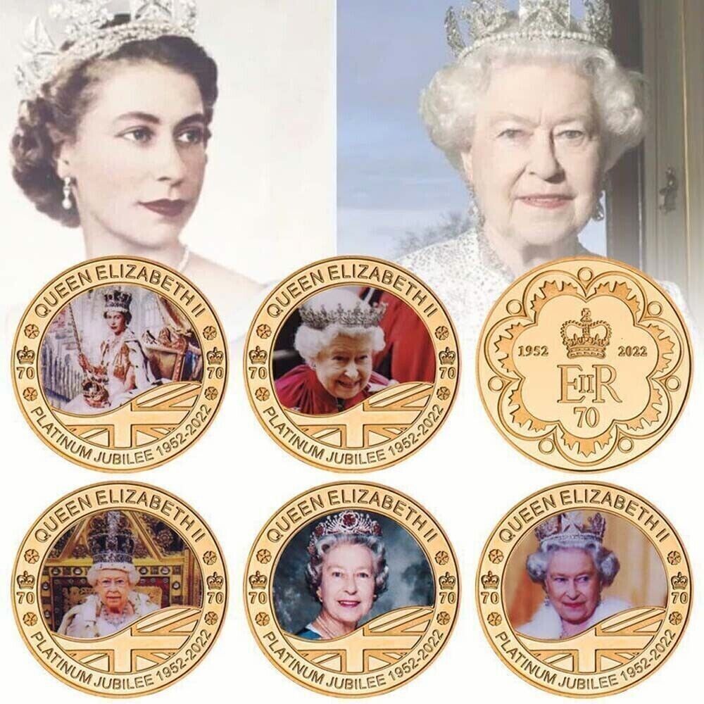 Queen Elizabeth II Platinum Jubilee Gold Plated Commemorative Coins / Medals Set