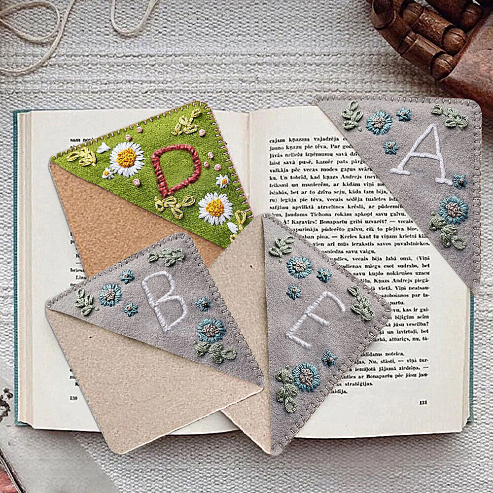 Hand Embroidered Corner Bookmark,Hand Stitched Felt Letter Bookmark #T