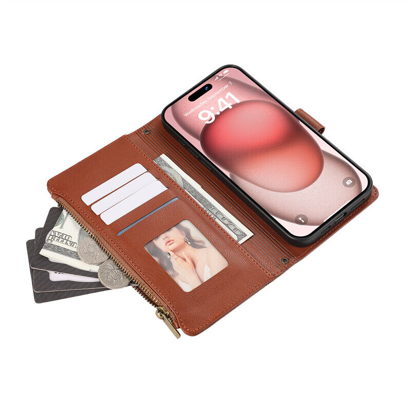 Zipper Wallet Flip Cover Case For iPhone 15 14 13 12 11 Pro XR XS Max 6 7 8 Plus