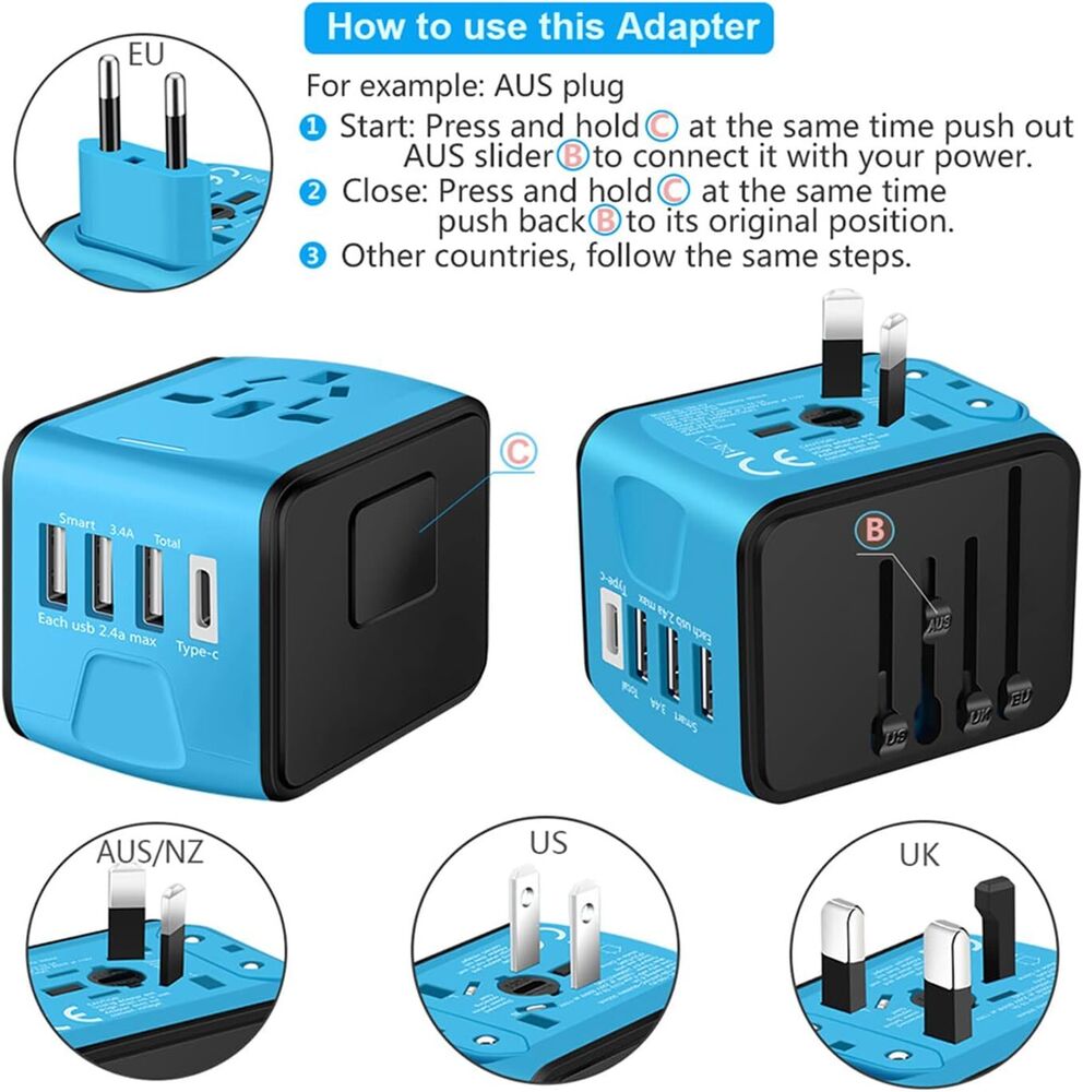 Universal International Travel Adapter 3 USB +Type-C Outlet Converter Plug Power