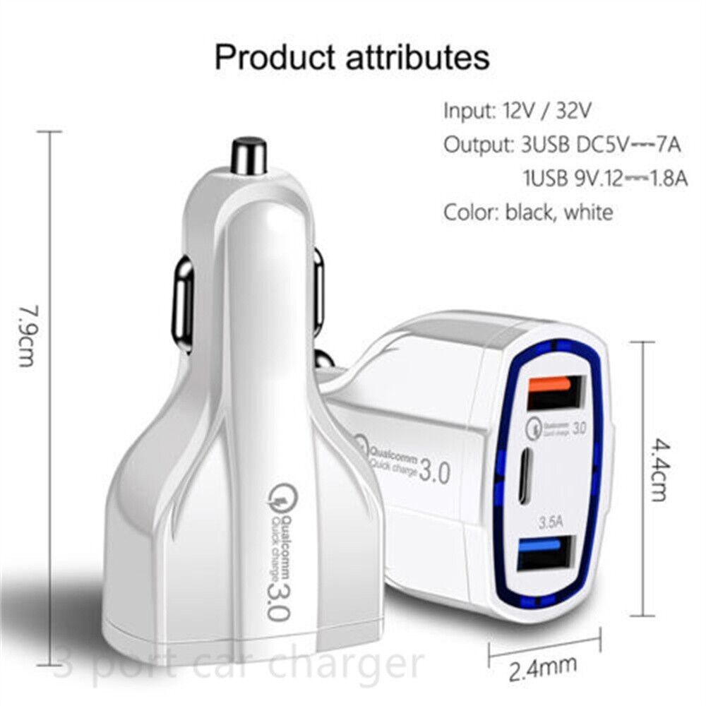 3 Port USB PD Quick Fast Car Charger QC3.0 Adapter Cigarette Lighter Socket