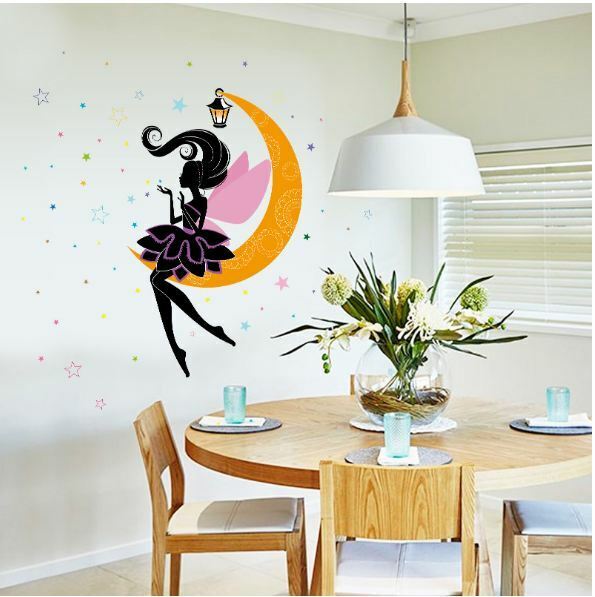 Wall Stickers Removable Moon Girl Fairy Butterfly Kids Mural Room Decal Romantic