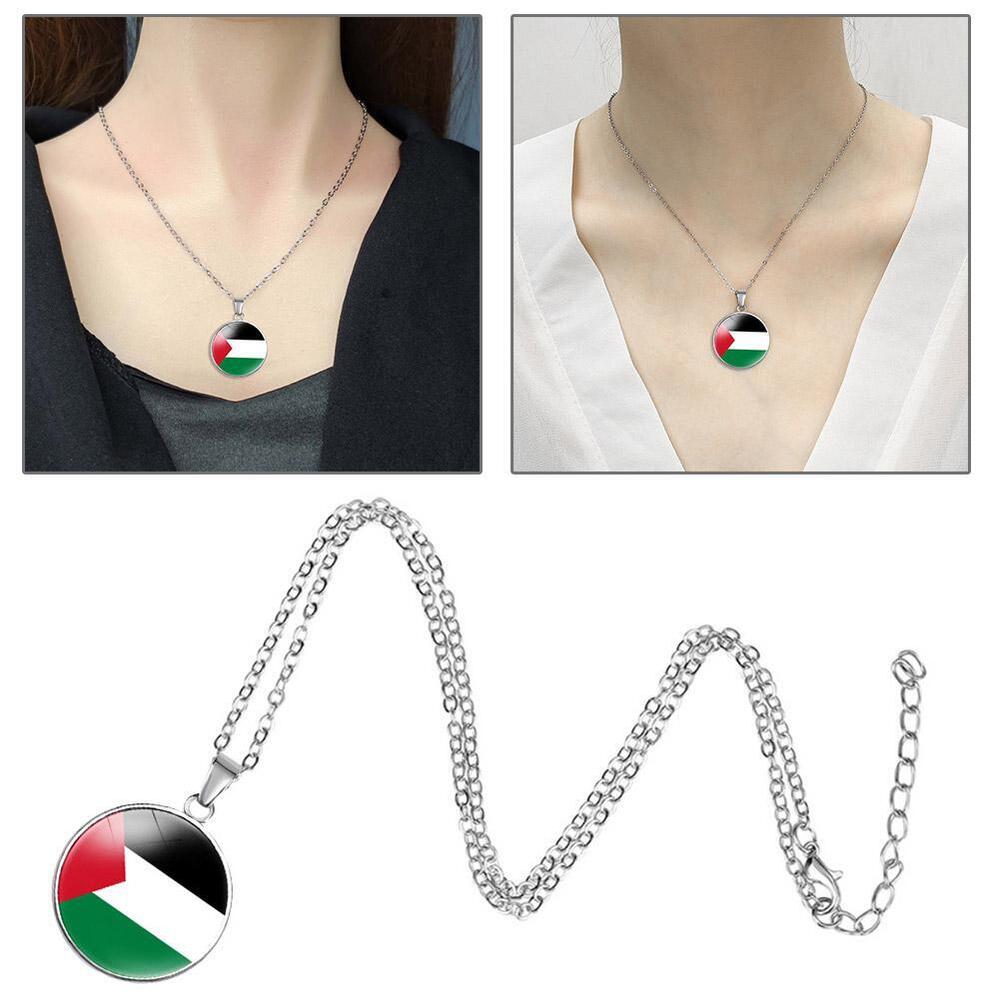 Silver Plated Palestine Flag Map Round Necklace Pendant