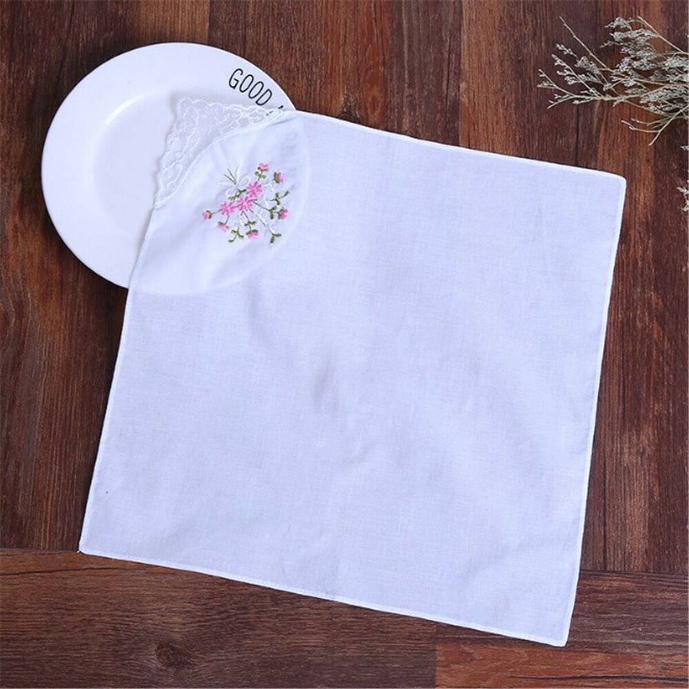 Vintage Cotton Ladies Lace Embroidered Handkerchief Women Floral Hanky 28x28cm