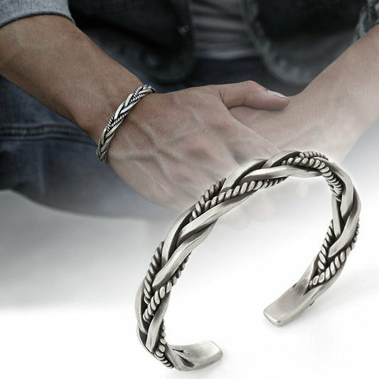 Mens Vintage Open Bangle Silver Thai Handmade Twisted Cuff Bracelet