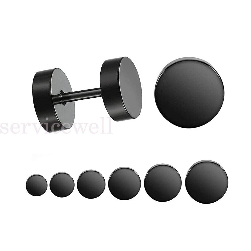 Men Earring Studs Black Flat Round Barbell Mens Earrings Plug Stainless Steel