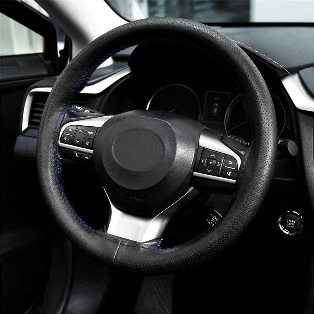 Genuine Leather DIY Car Steering Wheel Cover Breathable Anti-slip 38cm Black