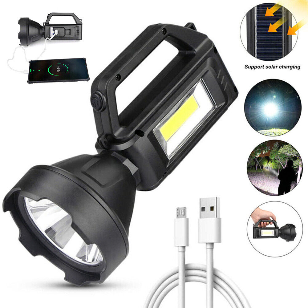 Solar LED Searchlight USB Rechargeable Spotlight Flashlight Torch Strobe Lights