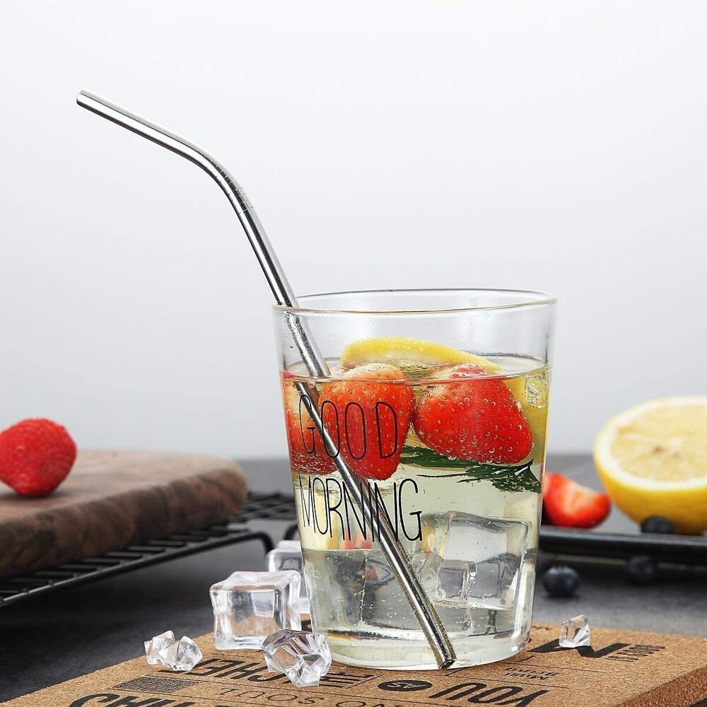 10pcs Metal Straws Stainless Steel Drinking Straw Straight Bent Brush Reusable