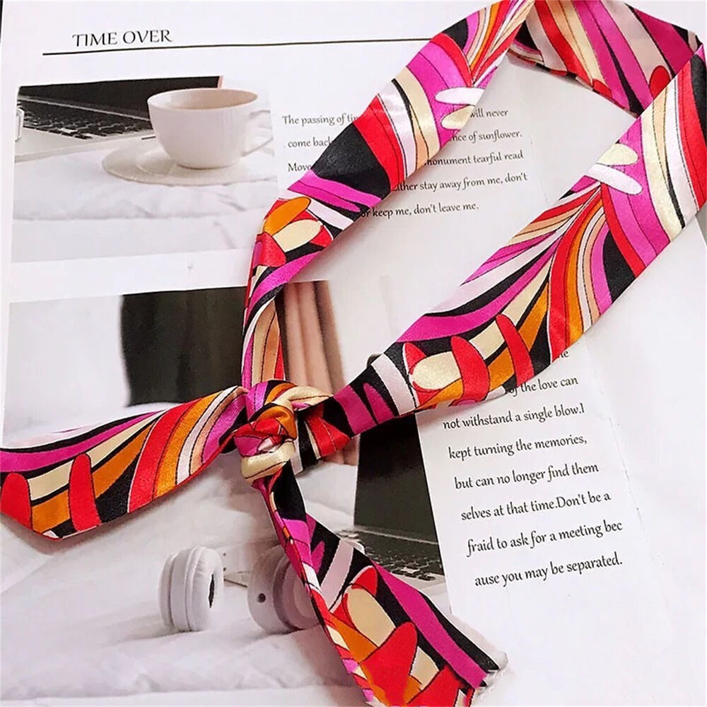 2PCS Women Silk Twilly Ribbon Narrow Scarf Wrap Tied Bag Handle Hair Tie Bandana