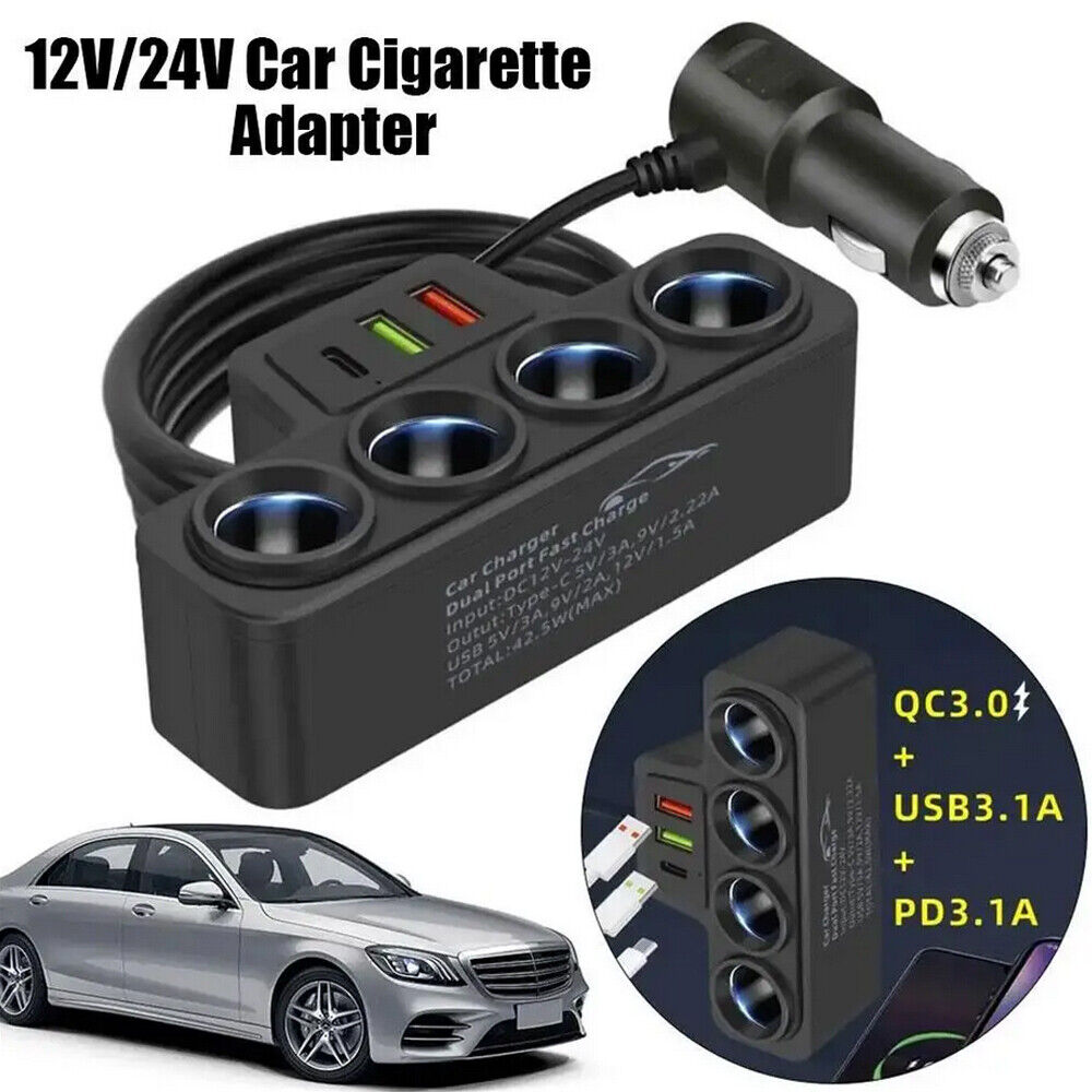 4Way 12-24V Car Cigarette Lighter Socket Splitter USB Port Charger Power Adapter